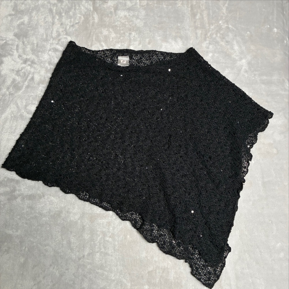 Finesse Black Lace Sequin Asymmetrical Poncho Wrap Top One Size Boho Shimmer
